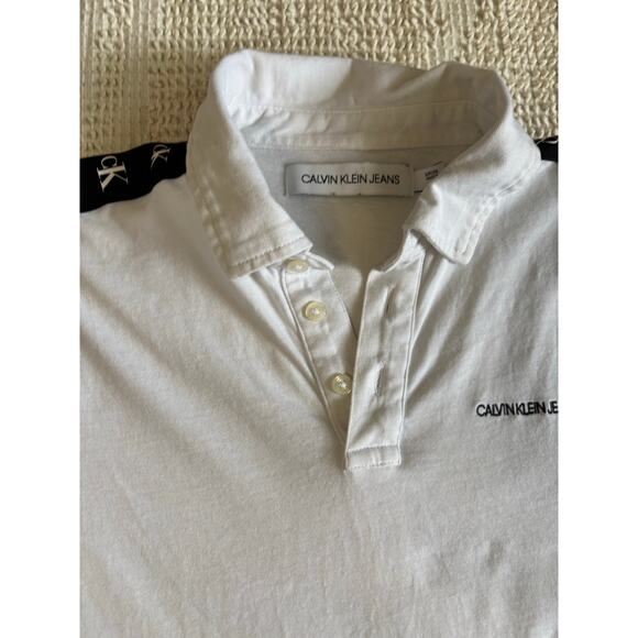Calvin Klein Jeans White Polo Shirt Black Logo Ribbon Detail Size Small - Picture 6 of 14